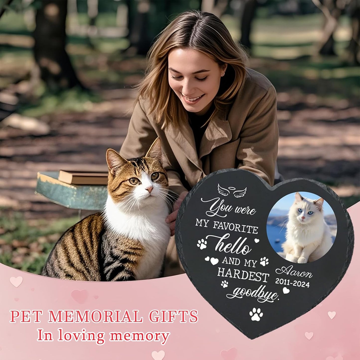 Personalized Pet Memorial Stone - Heart-Shaped Custom Cat Grave Marker with Engraved Name & Photo - Pest Grave Stone for Remembrance Dog/Cat Passing Away Sympathy Gifts (Style E)