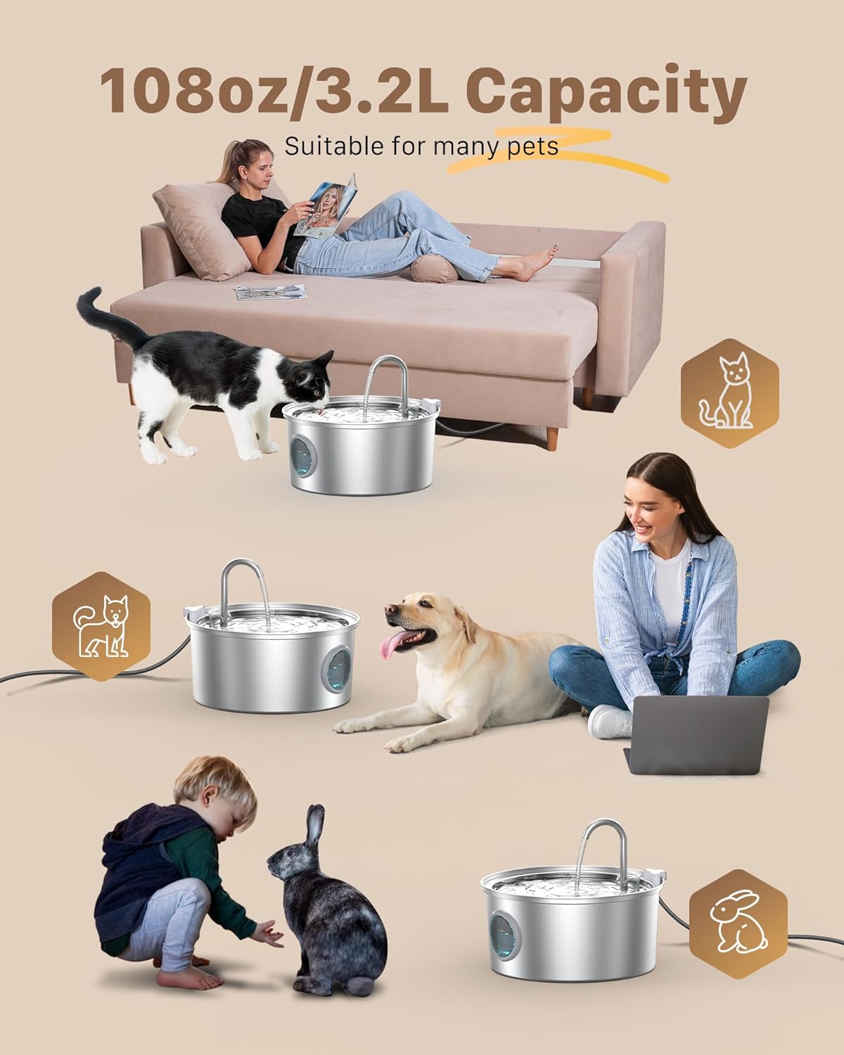 Cat Fountains for Drinking Stainless Steel: 108oz/3.2L Cat Water Fountain Led Light - Running Pet Water Fountain Filtered - GIOTOHUN Faucet Like Pet Water Fountains for Cats Indoor with 9 Filters