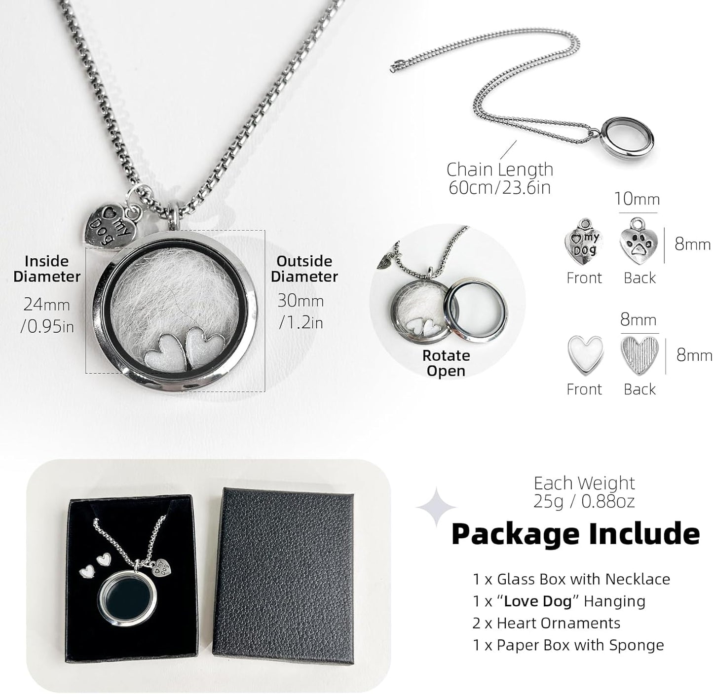 Pet Fur Memorial Necklace, Dog Ashes Keepsake Necklace, Transparent Glass Circle Small Pet Urn Pendant Necklace, Memorial Jewelry for Women Men, Vial Necklace for Ashes, Cat Hair Memorial Gifts(Dog)