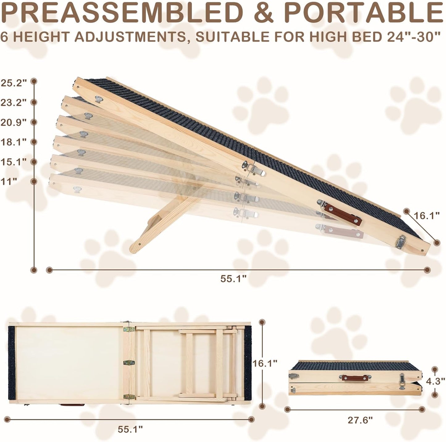 Folding Dog Ramp Safety, Wooden Adjustable Height Pet Ramps, Potable Dog Steps with Non-Slip Traction Mat, Dog Step for Bed, Dogs Stairs for SUV Car, Couch, Safe, Height Bed