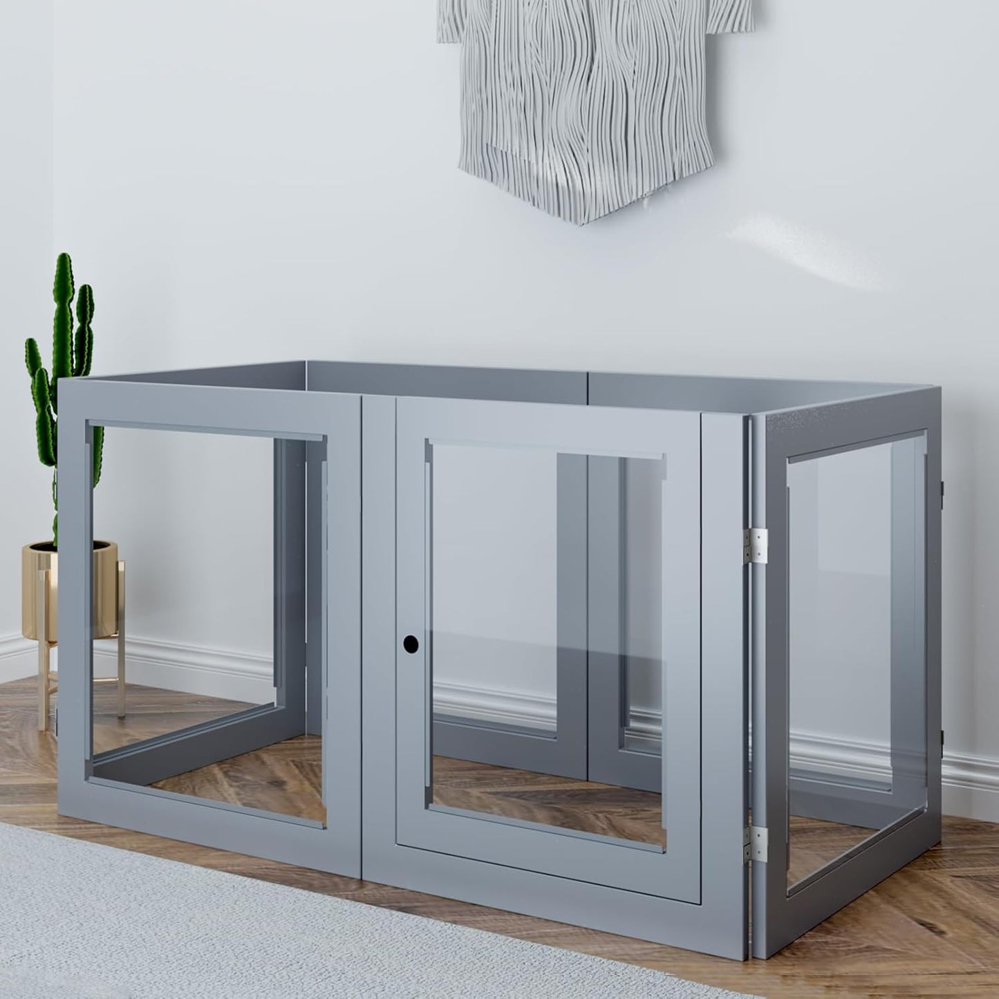 Heavy Duty Clear Acrylic Dog Playpen, Transparent Pet Pen, Metal Frame Easy Assemble Kennel Enclosure, Ideal for Small to Medium Dogs, Cats, and Other Small Pets (Grey, 6 Panels with Door)