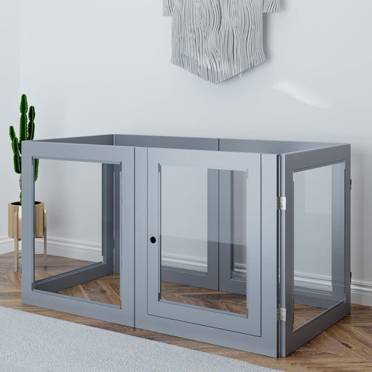 Heavy Duty Clear Acrylic Dog Playpen, Transparent Pet Pen, Metal Frame Easy Assemble Kennel Enclosure, Ideal for Small to Medium Dogs, Cats, and Other Small Pets (Grey, 6 Panels with Door)