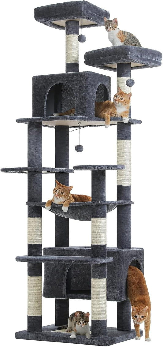 PAWZ Road Heavy Duty Cat Tree for Large Cats, 81 Inches Tall Cat Tower with 2 Perches, 2 Condos and Spacious Hammock, XL Extra Large Condo with 7 Scratching Posts for 20lb+ Adult Cats, Dark Gray