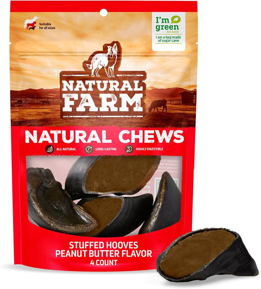 Natural Farm Peanut Butter Flavor Filled Cow Hooves for Dogs (4-Pack), Long-Lasting Natural Beef Bone Treats, Best for Small, Medium & Large Dogs