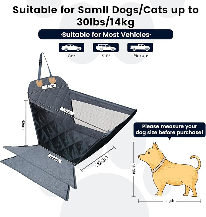 Front Seat Dog Car Seat for Small/Medium Dogs with Door Protection – Full Coverage Pet Booster Seat with Mesh Window, Zippered Side Flaps, Safety Buckle, Grey Linen Fabric