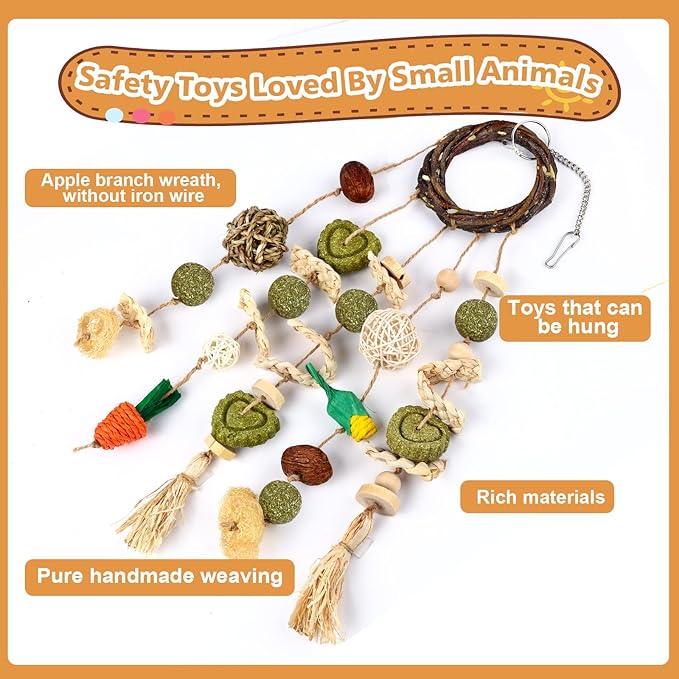 VESPRO Bunny Chew Toys, Rabbit Cage Hanging Chewing Toy and Treats Snack Ring, for Rabbits Chinchilla Guinea Pig Hamsters Grinding Teeth with Other Small Pets, Natural Materials Handwoven (5 Strings)