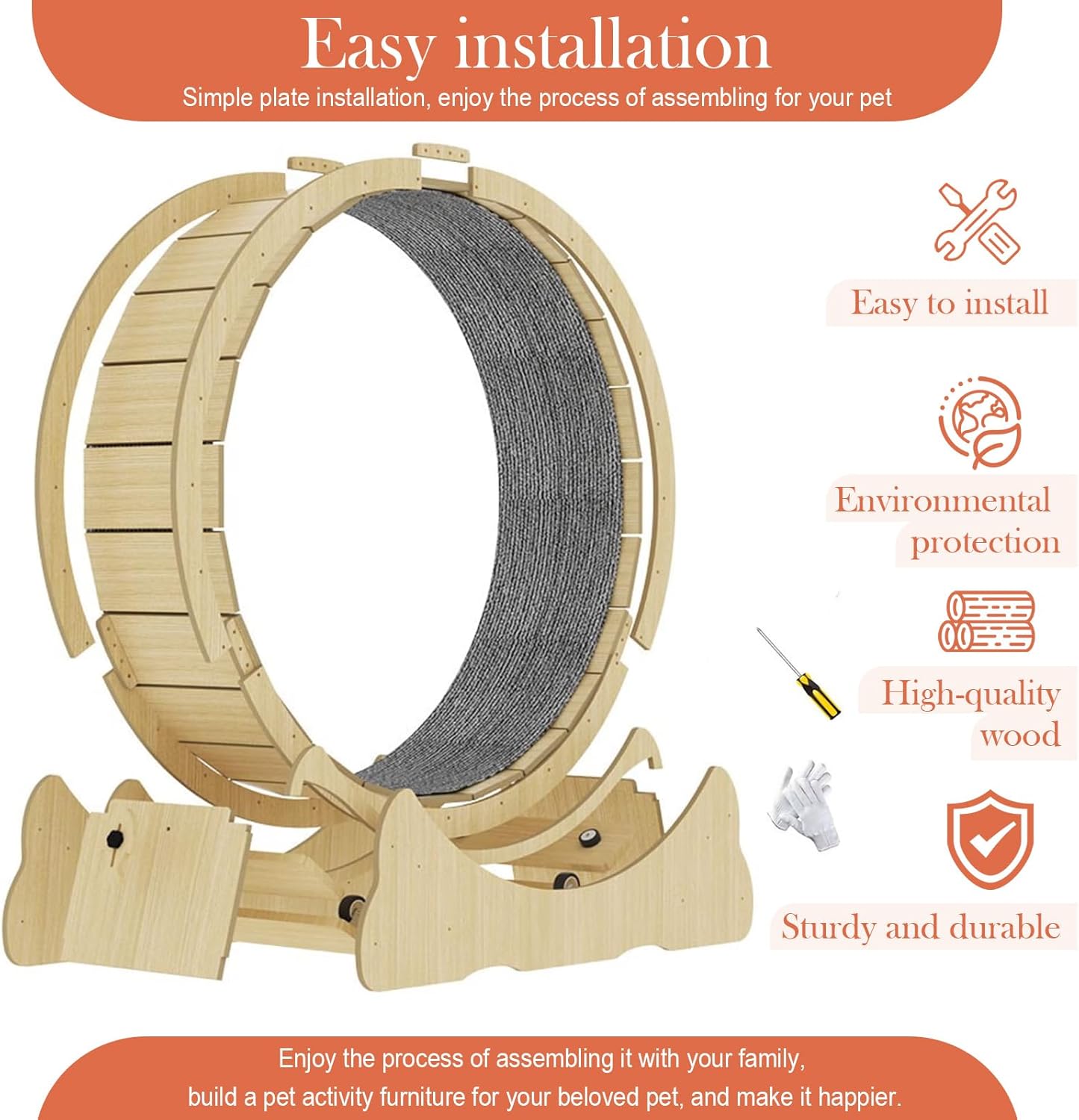 45" Cat Exercise Wheel,cat Wheel Exerciser for Indoor Cats,Running Wheel with Detachable Carpeted Runway,Natural Solid Wood Sturdy Running Wheel for Running/Training/Walking