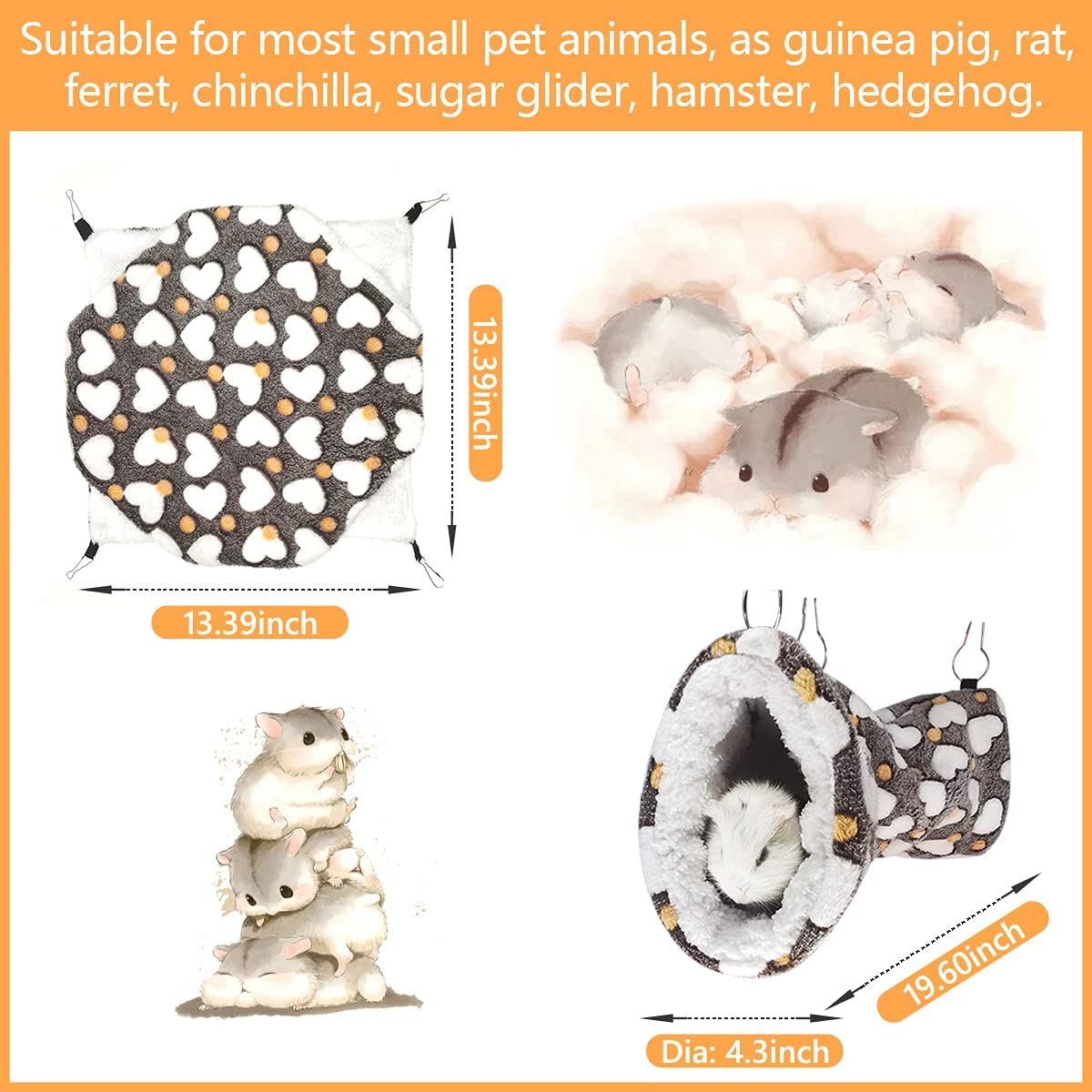 LEFTSTARER Cashmere Pet Bed Mat and Toy, Heart-Brown Ferret Guinea Pig Hammock Toy Small Animal Cage Accessories, 19.7x5.9in Hanging Tunnel & 13.39x13.39in Bunkbed Hammock