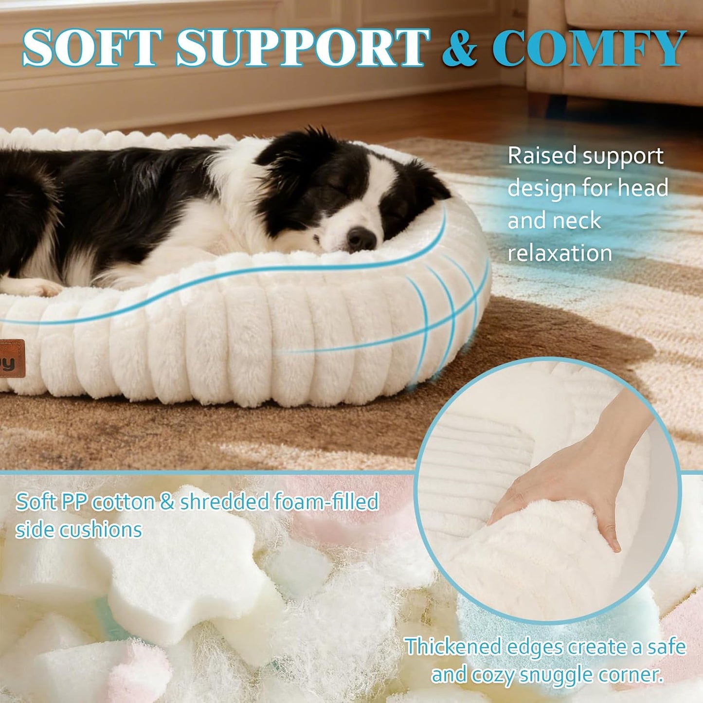 Dog Bed Large Size Dogs Washable Soft Furry Pet Bed, Calming Rectangle Large Dog Bed with Removable Cover & Anti-Slip Bottom, Orthopedic Anti-Anxiety Pet Bed with Handle, 35x27x5inches, Cream