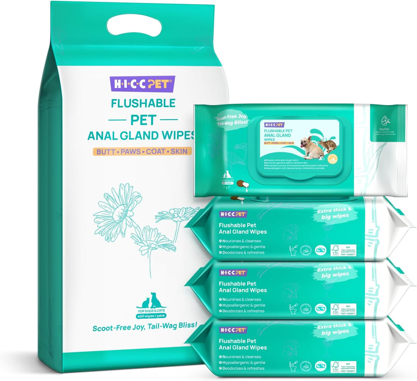 HICC PET Wipes for Dogs & Cats, Vet Recommended Cleansing Deodorizing & Soothing Allergy Infections Anal Gland Wipes with Coconut Oil, Dog Wipes for Cleaning Butt Paw, Remove Small Animal Coat Stain