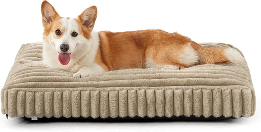 Dog Bed Medium Size Dog, Flat Pet Beds with Removable Washable Cover, Pet Mat Cute Crate Bed Thick Shredded Chopped Crate Foam & Anti Slip Bottom for Indoor, 29"x21"x3" Beige