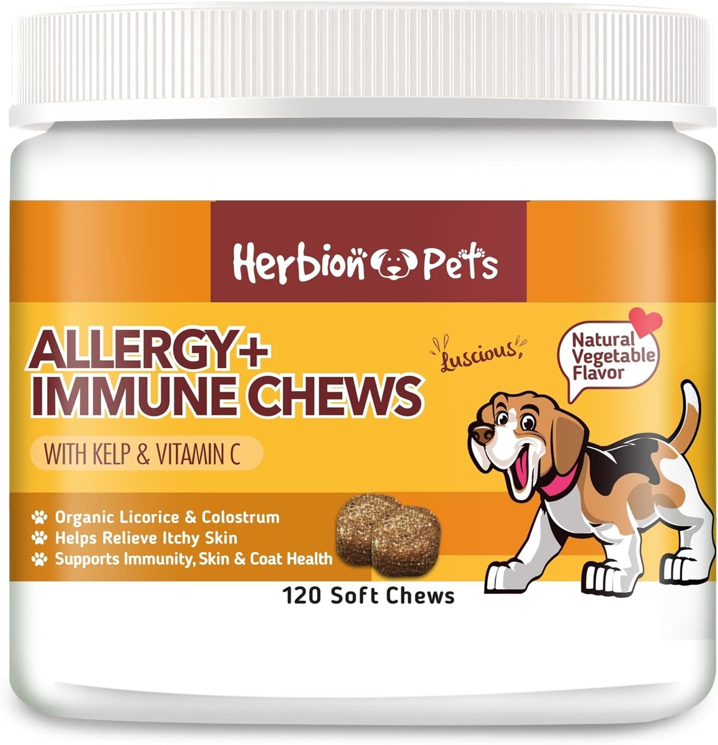 Herbion Pets Allergy + Immune Chews with Kelp & Vitamin C, 120 Soft Chews, Supports Immunity, Skin & Coat Health, Relieves Itchy Skin, Made in USA, Natural Vegetable Flavor, for Dogs 12 Weeks+, Pack 1