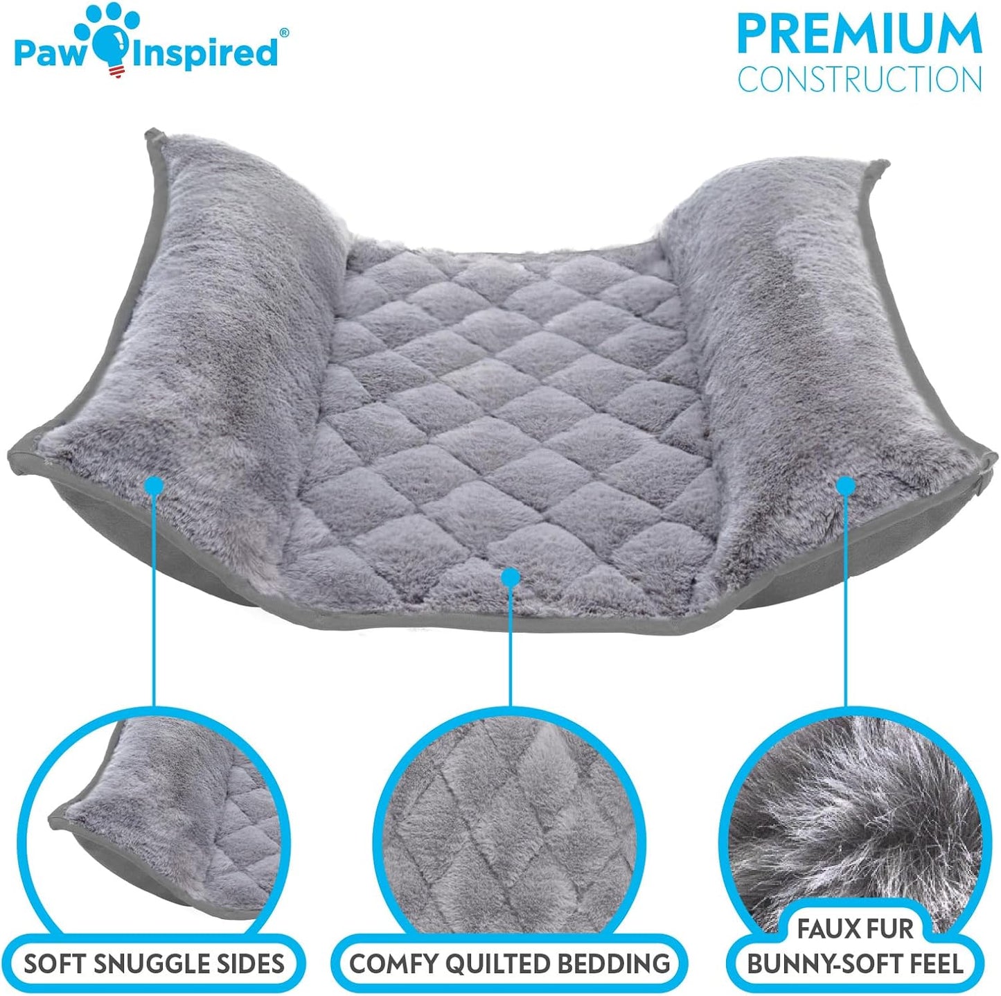 Paw Inspired Snuggle Bunny Bolster Bed for Rabbits, Cats, Dogs and Other Small Pets | Reversible Ultra-Soft Fleece Flop Bedding with Padded Sides (Gray/Faux Fur)
