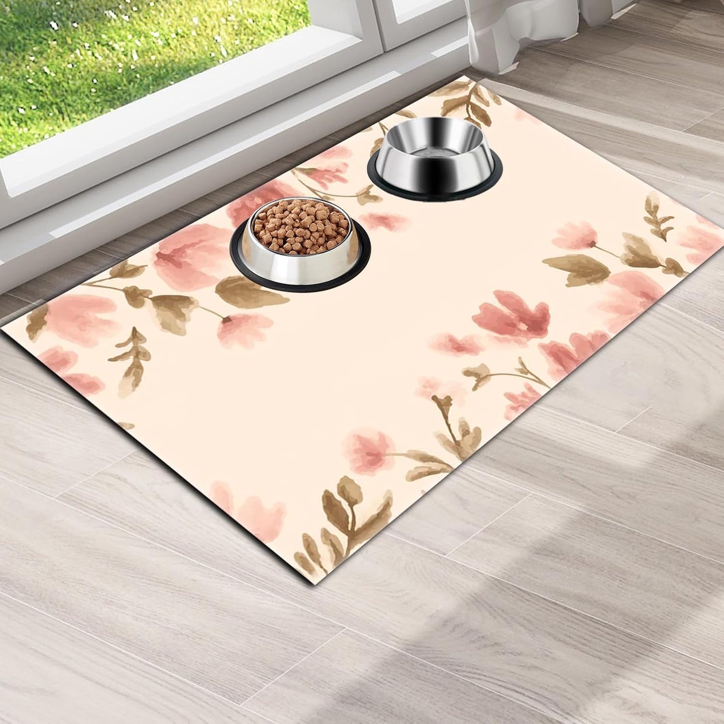 Pet Feeding Mat for Dogs and Cats - Super Absorbent Anti-Slip Bowl Pad, Eco-Friendly Washable Mat to Prevent Spills and Mess Flower Mat 16"x24"