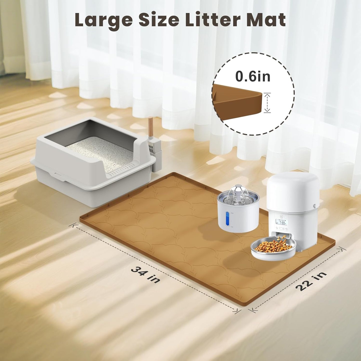 Cat Mat for Litter Box, 34" X 22" Large Silicone Cat Litter Trapping Mat, Easy Clean for Scatter Control, Soft on Kitty Paws, Waterproof, Urine-Proof, Non-Slip Kitty Litter Mat for Floor, Brown