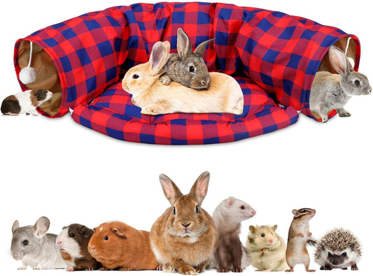BWOGUE Bunny Tunnel Bed, 2-in-1 Collapsible Tunnel Tubes Toys with Removable Mat Hideout for Cats Kittens Rabbits Guinea Pigs Kitty (RedPlaid)