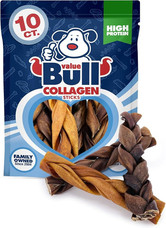 ValueBull Collagen Braided Sticks for Dogs, 6 Inch Thick Chews, Natural Long-Lasting Dog Treats, 10 Count - Supports Joints, Skin & Coat with Chondroitin & Glucosamine