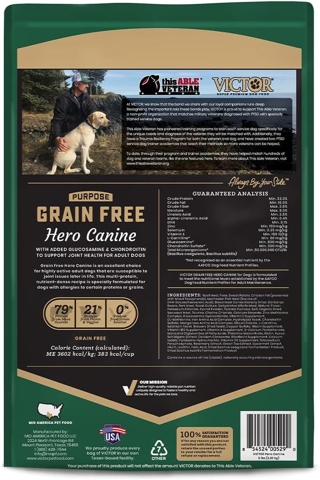 VICTOR Super Premium Dog Food – Purpose Hero Canine Kibble – Premium Gluten Free Dog Food for Active Adult Dogs – High Protein with Glucosamine and Chondroitin for Hip and Joint Health, 5lbs