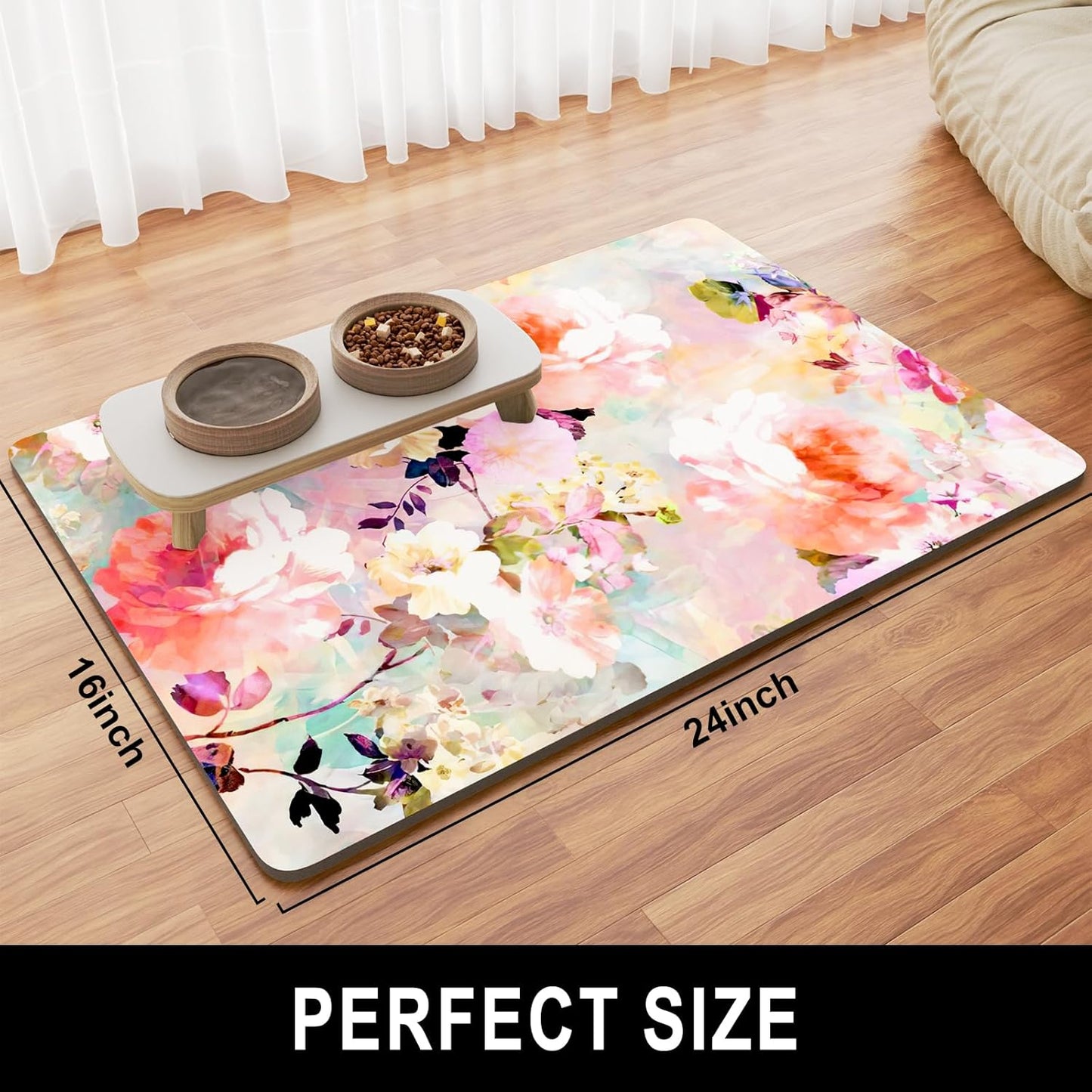Dog Food Mat, 16" x 24" Flower Absorbent Dog Cat Bowl Mat for Food and Water, Cute Anti-Slip Rubber Pet Feeding Rug Protect Floors, Placemat for Feeding & Watering Supplies, Pink