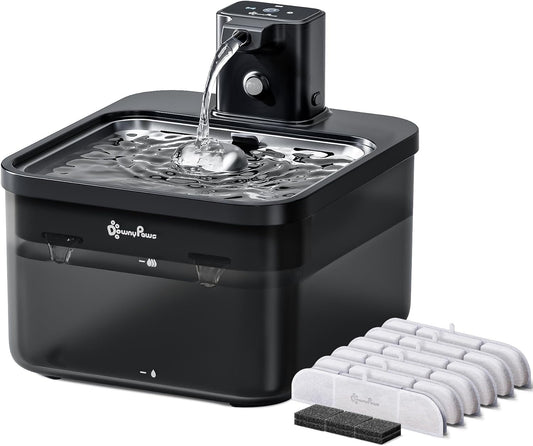DownyPaws Cat Water Fountain Stainless Steel Cordless, 84oz/2.5L Fursink Wireless Pet Water Fountains for Cats Indoor, Battery Operated Cat Drinking Fountain, BPA-Free, Black with 6 Filters