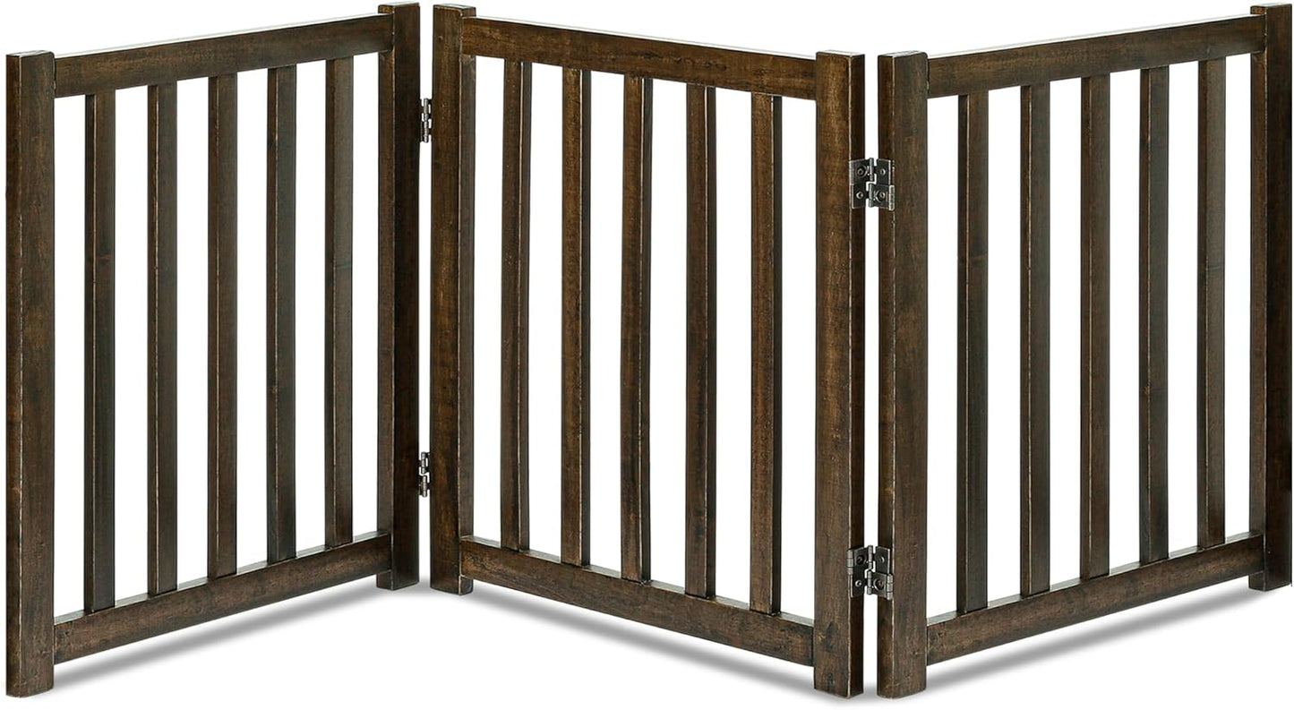 LZRS 3-Panel Wooden Free Standing Foldable Dog Gate Indoor – 24" High,Step-Over Safety Pet Gate for Doorways, Stairs, Hallways, Indoor Dog Barrier for Small to Medium Dogs & Puppies, Walnut