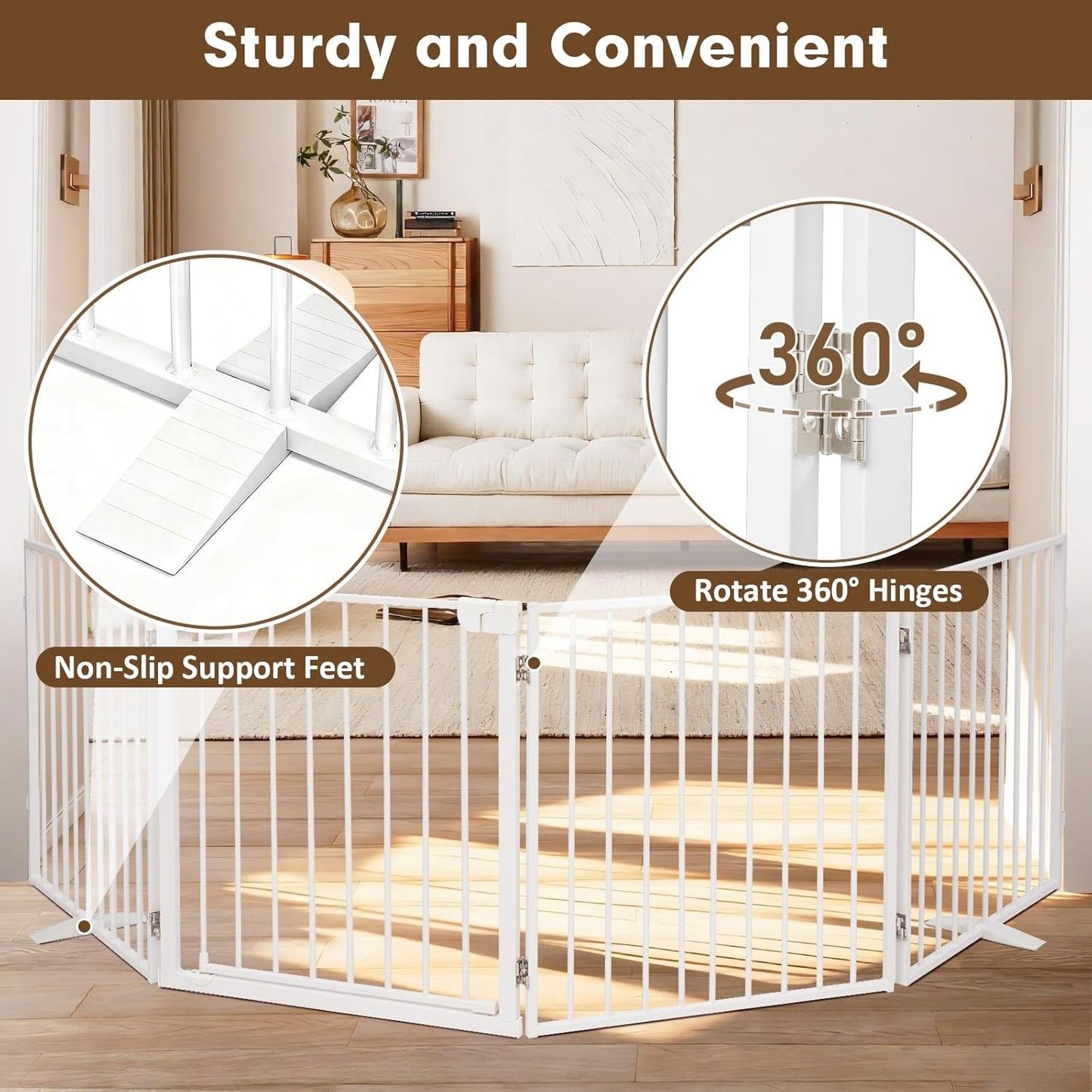 104" Dog Gate Extra Wide, Heavy Duty Metal Freestanding Dog Gate with Door for Indoor & Outdoor, Foldable Pet Fence for Doorways,House,Porch,Deck,Yard,Stairs, Auto Close(4 Panels,White)