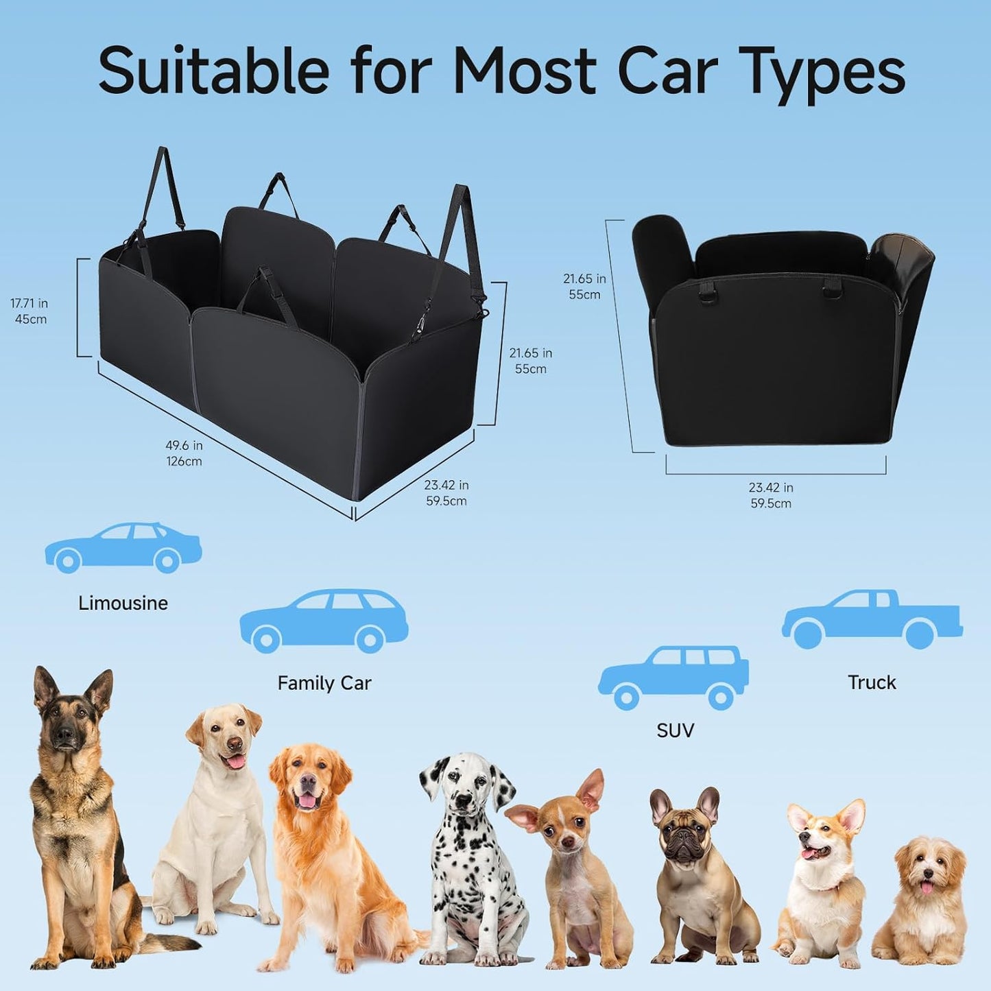 BEBAS Dog Car Seat Cover for Back Seat - Hard Bottom Scratch-Resistant Waterproof Pet Seat Protector, Hammock-Style Back Seat Extender for Cars/SUVs/Trucks, Supports 400lbs (Medium/Large Size, Black)