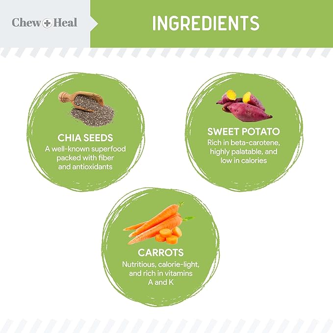 Chew + Heal Labs Low Calorie Dog Jerky Treats - 5 oz of Vegan Plant Based Natural Dog Treats with Chia Seeds, Fruits, and Vegetables - Good for Weight Management - Made in The USA