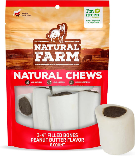 Natural Farm Peanut Butter Filled Bones (3-4 Inch, 6 Count), Limited Ingredient, Natural Stuffed Dental Dog Bone Treats for Dogs, Made with Real Beef