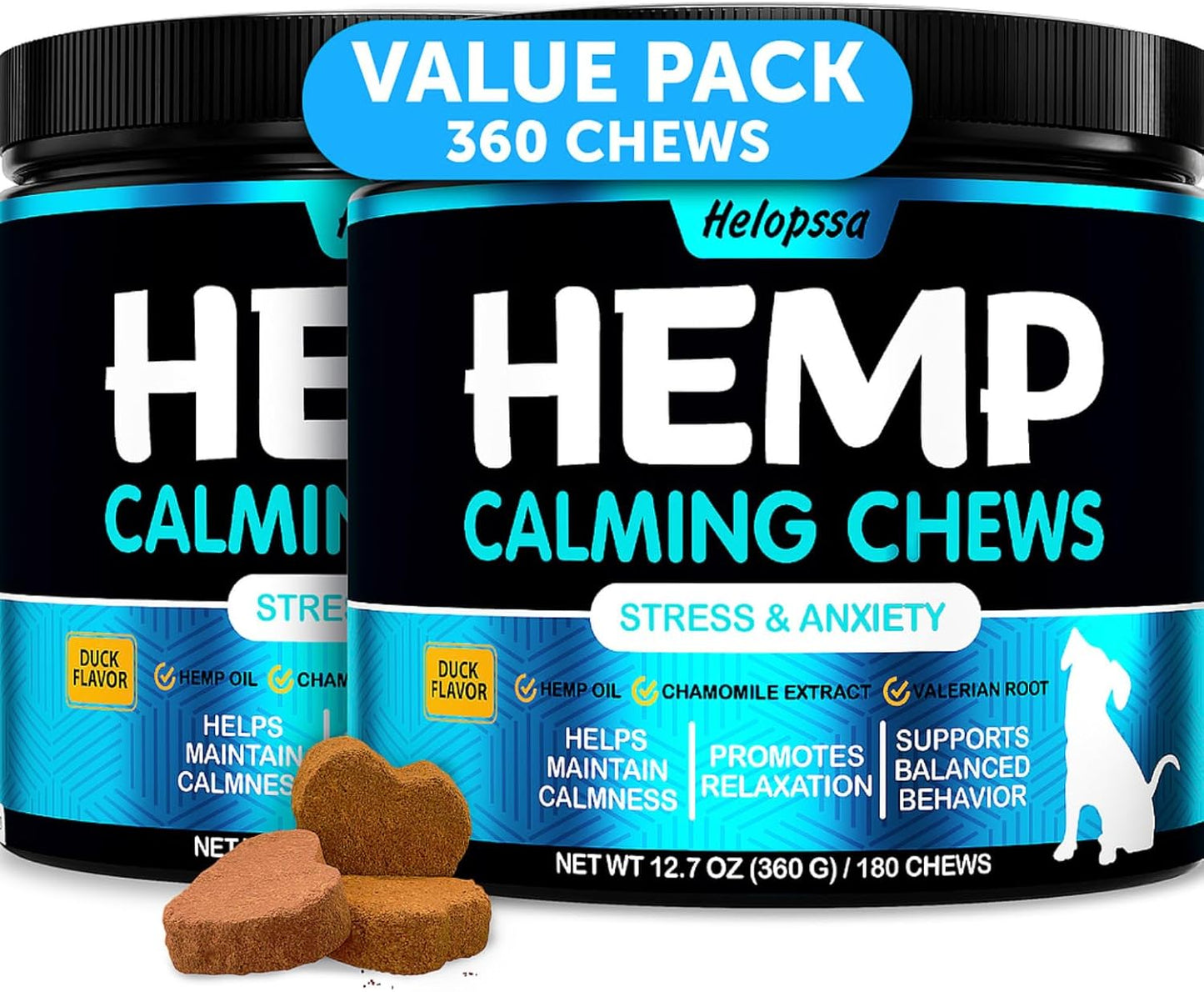 Hemp Calming Chews for Dogs with Anxiety and Stress - 360 Soft Dog Calming Treats - Dog Anxiety Relief - Storms, Fireworks, Thunder, Barking, Separation Aid - Valerian Root - L-Tryptophan - Hemp Oil