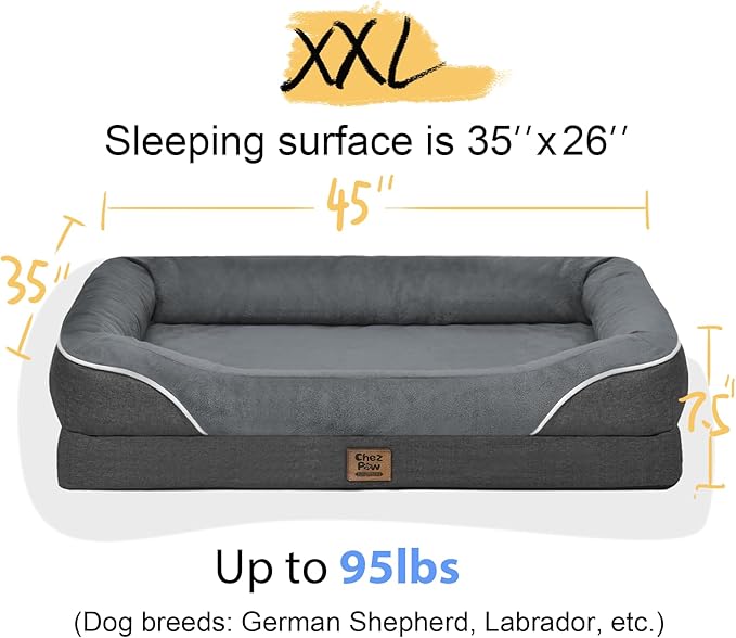 Washable Orthopedic Large Dog Bed - Dog Beds Large Sized Dogs with Removable Cover Waterproof Pet Bed with Bolster for Extra Large Pet