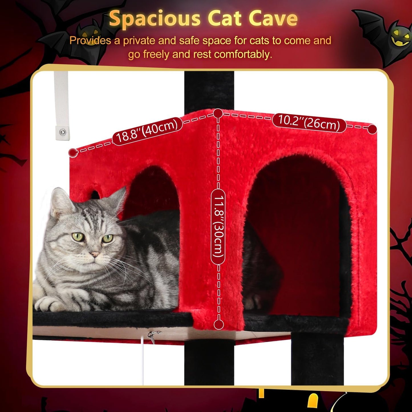 Globlazer Gothic Cat Tree Tower with Scratching Post for Indoor Cats, 53inch Tall Plush Multi-Level Cat Climbing Tower Condo with Large Hammock, Spacious Cat Cave, Padded Top Perch, F53, Red Black