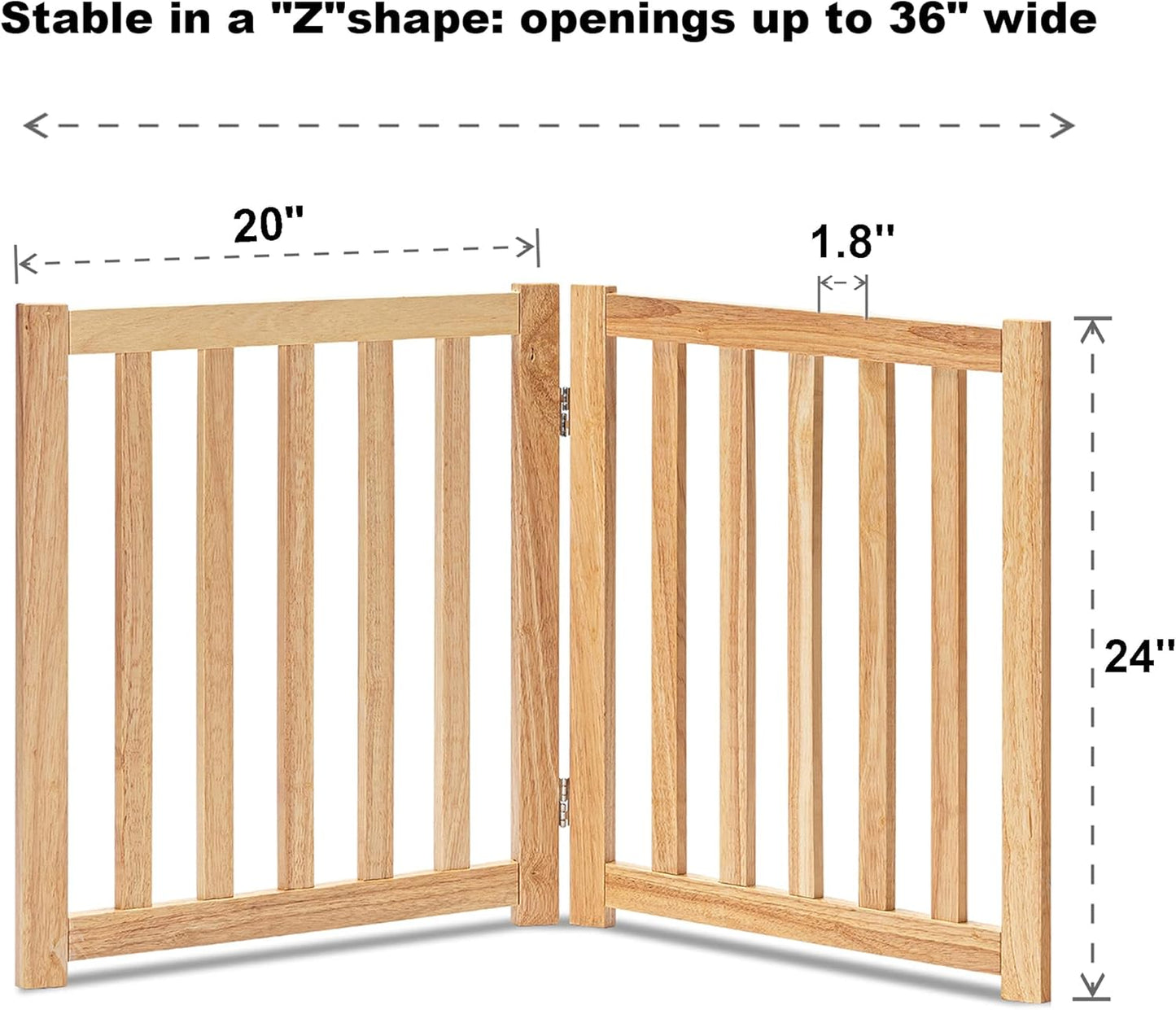 LZRS 2-Panel Wooden Free Standing Foldable Dog Gate Indoor – Solid Hardwood 24" High, Step-Over Safety Pet Gate for Doorways, Stairs & Small Spaces - Indoor Use, Natural
