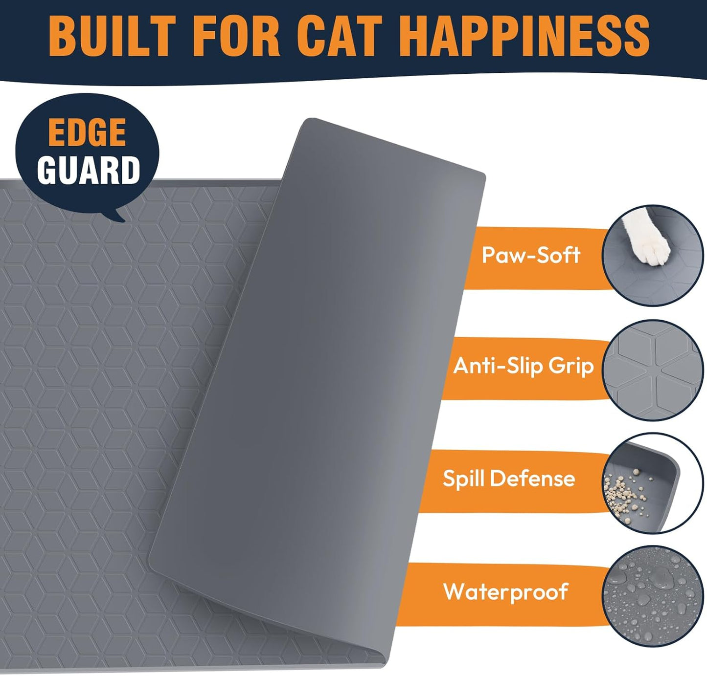 Large Cat Mat for Litter Box, 34"x22" Waterproof Silicone Mat with Litter Trapping, Easy Clean & Non-Slip Floor Pad for Cats (Dark Gray)
