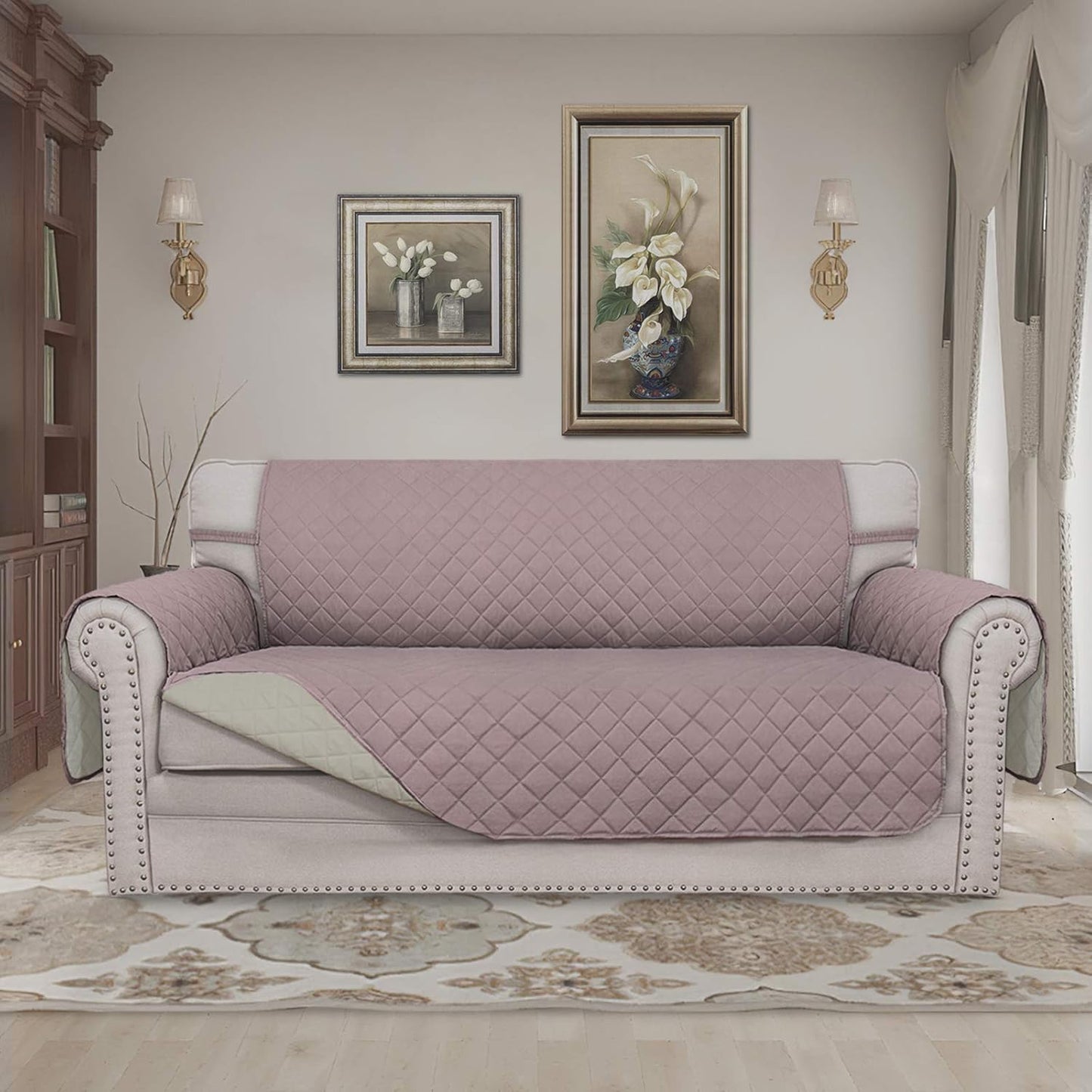 Easy-Going Sofa Slipcover Reversible Loveseat Sofa Cover Couch Cover for 2 Cushion Couch Furniture Protector with Elastic Straps for Pets Kids Dog Cat (Oversized Loveseat, Pink/Beige)