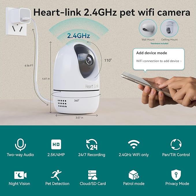 Heart Link Indoor Camera, 2.5K Pet Camera with Speaker for Dogs and Cats, 90-Day Cloud Storage, Phone App, AI Human & Pet Detection, 360° View, Night Vision, 2-Way Audio