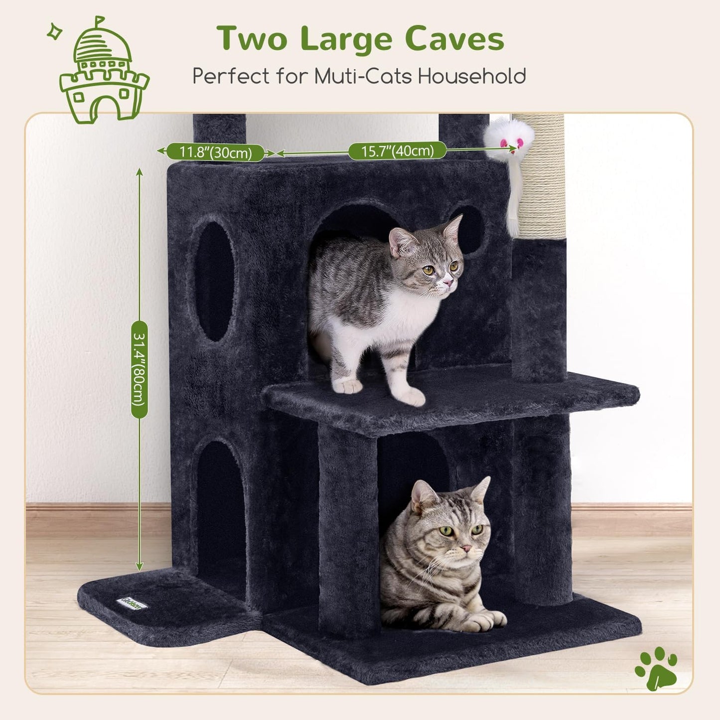 Globlazer Cat Tree Tower for Indoor Cats, 50-inch Adult Cat Tree House for Large Adult Cats with Steps, Scratching Post, 2 Cat Caves, Dangling Toys, FC50, Dark Grey