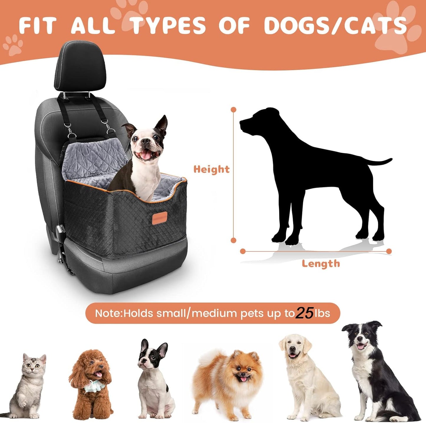 Memory Foam Booster Dog Car Seat with Washable Removable Cover, Elevated Pet Car Seat, Anti-Slip Sturdy Booster Seats for Small Dogs 35lbs, Seat Belt, Storage Pocket, Dog Blankets