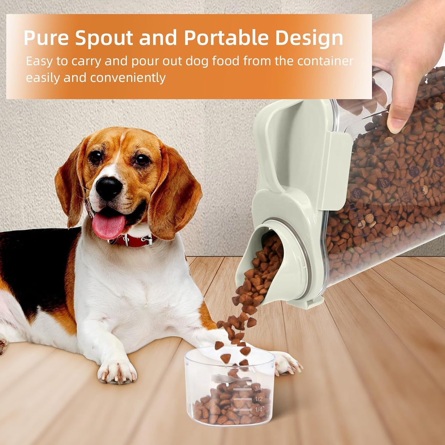 Dog Food Storage Container, Upgraded Large Nozzle BPA-free, 3-5 LBS Plastic Pet Food Storage Containers, With 4 Sealed Clasps, 1 Measuring Cup and Handle (Beige)