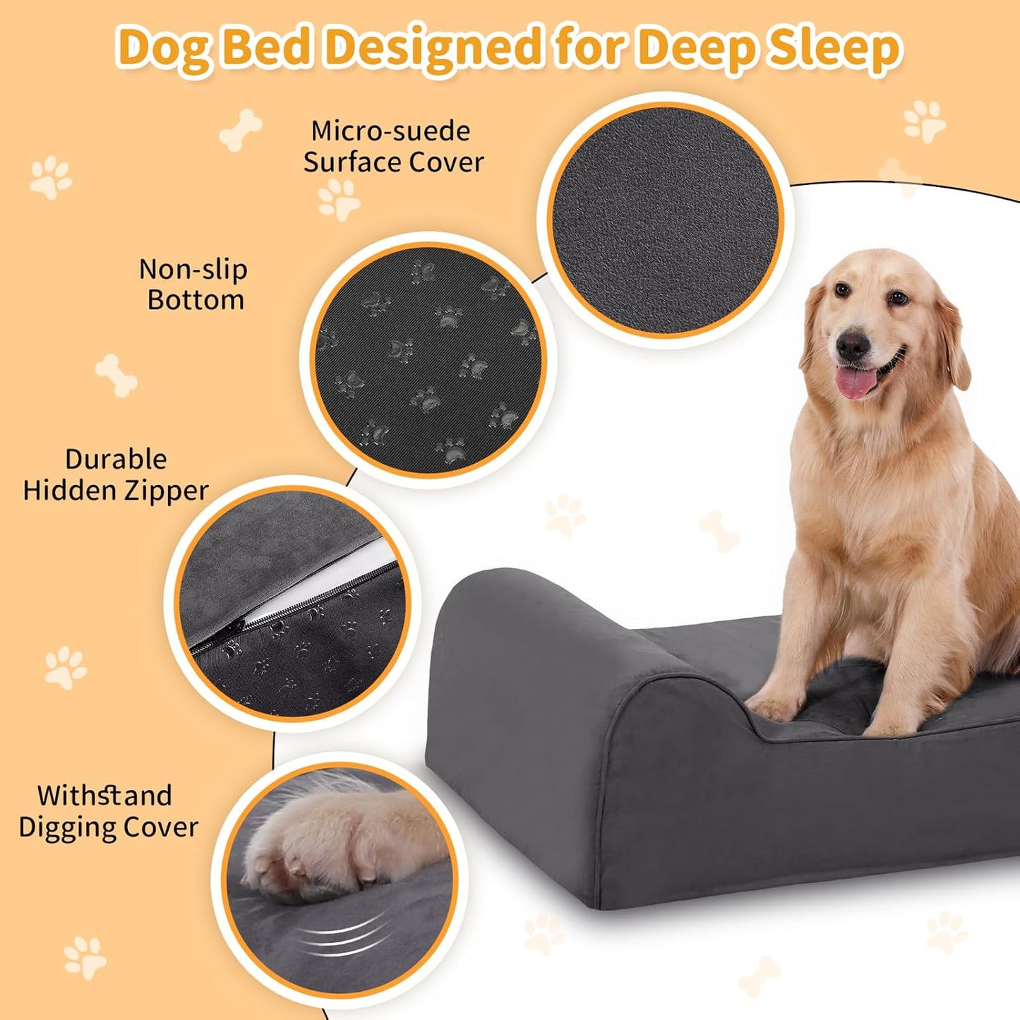 Orthopedic Dog Beds for Large Dogs, Memory Foam Dog Beds with Waterproof Liner, Chew Proof Microsuede Cover, Removable and Washable, Nonskid Bottom, 52"x36"x7" Grey