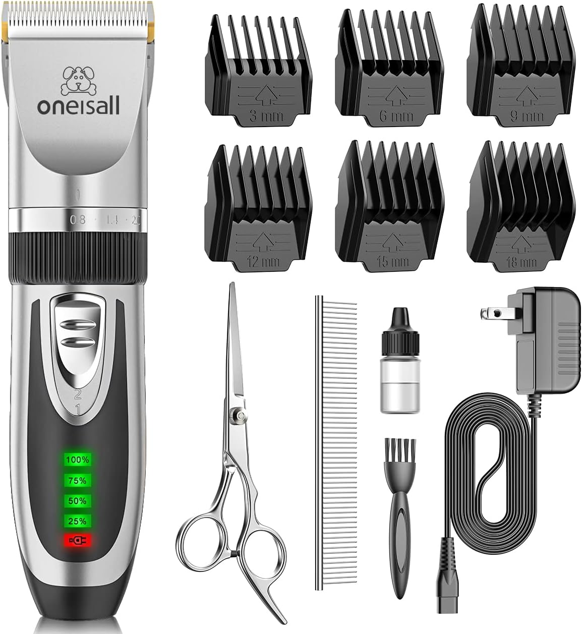 oneisall Low Noise 2-Speed Quiet Dog Grooming Kit - Rechargeable Cordless Pet Hair Clipper Trimmer Shaver for Small and Large Dogs, Cats and Animals (Silver)