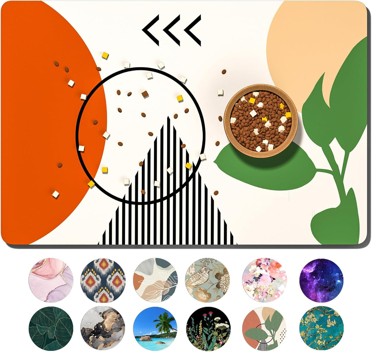 Dog Food Mat, 16" x 24" Absorbent Dog Cat Bowl Mat for Food and Water, Cute Anti-Slip Rubber Pet Feeding Rug Protect Floors, Placemat for Feeding & Watering Supplies, Modern Abstract Art