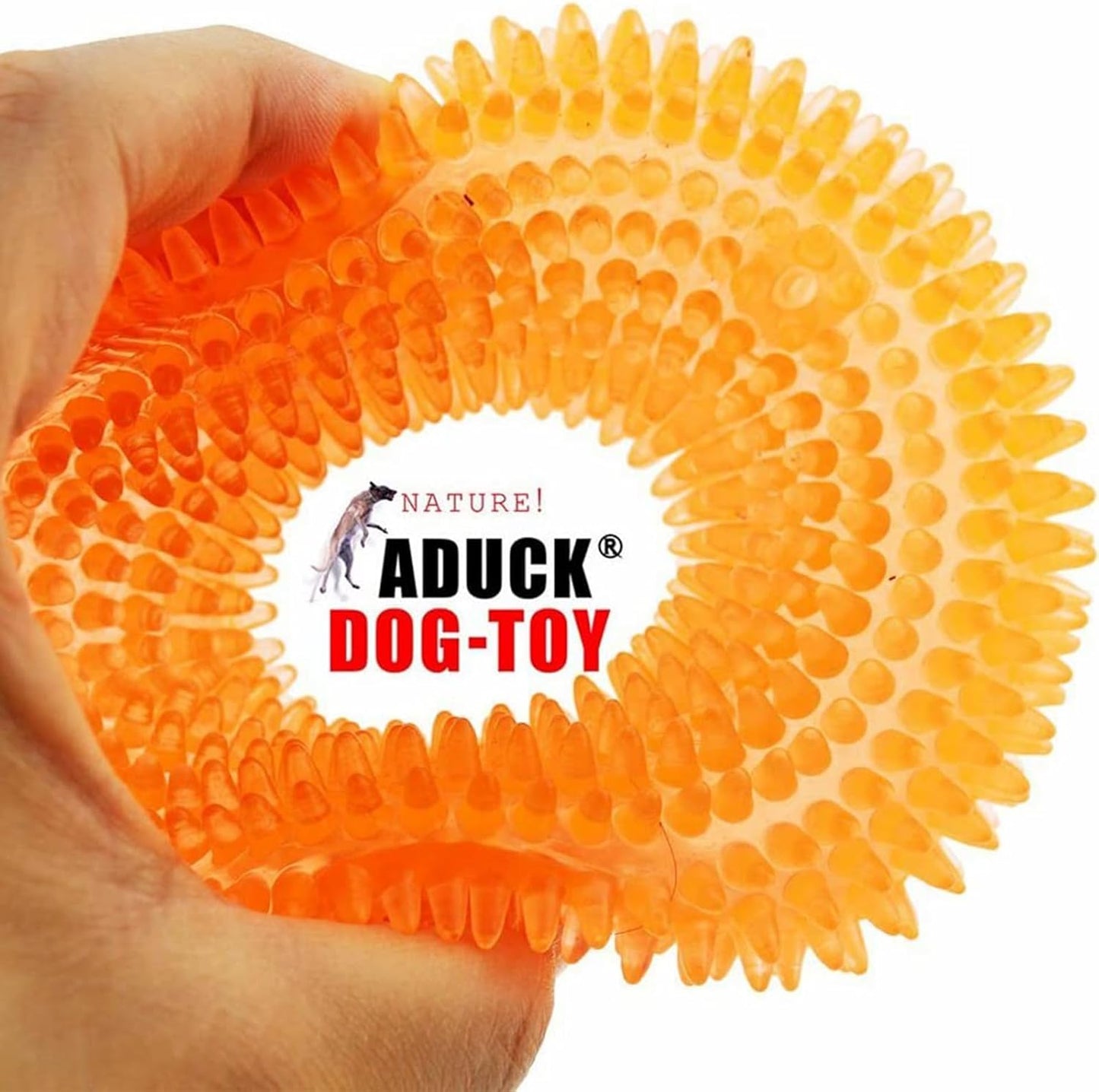 ADUCK Dog Squeaky Chew Toys for Aggressive Chewers, Small Medium Large Dogs Teeth Cleaning Soft Natural Rubber Float Toy for Indoor Outdoor Water Pool, Donut Ring Design 4.92 inch, Crystal Orange