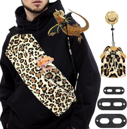 Bearded Dragon Leash and Harness Set, Bearded Dragon Accessories(Include Leopard Print Chest Pack, Lizard Clothing＆Leash, Small Straw Hat), Beardeds Dragon Decor Suit for Outdoor Travel