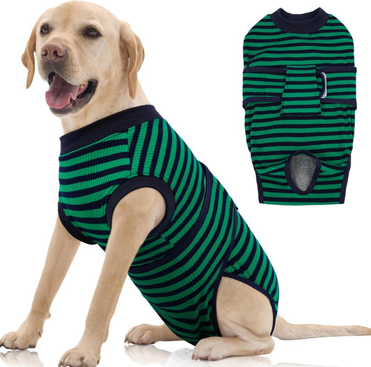 FUAMEY Recovery Suit for Dogs After Surgery,Soft Breathable Dog Bodysuit E-Collar & Cone Alternative Surgical Suit,Male Female Dog Neuter Spay Suits Anti Licking Wounds Onesie Green Black Stripes XL