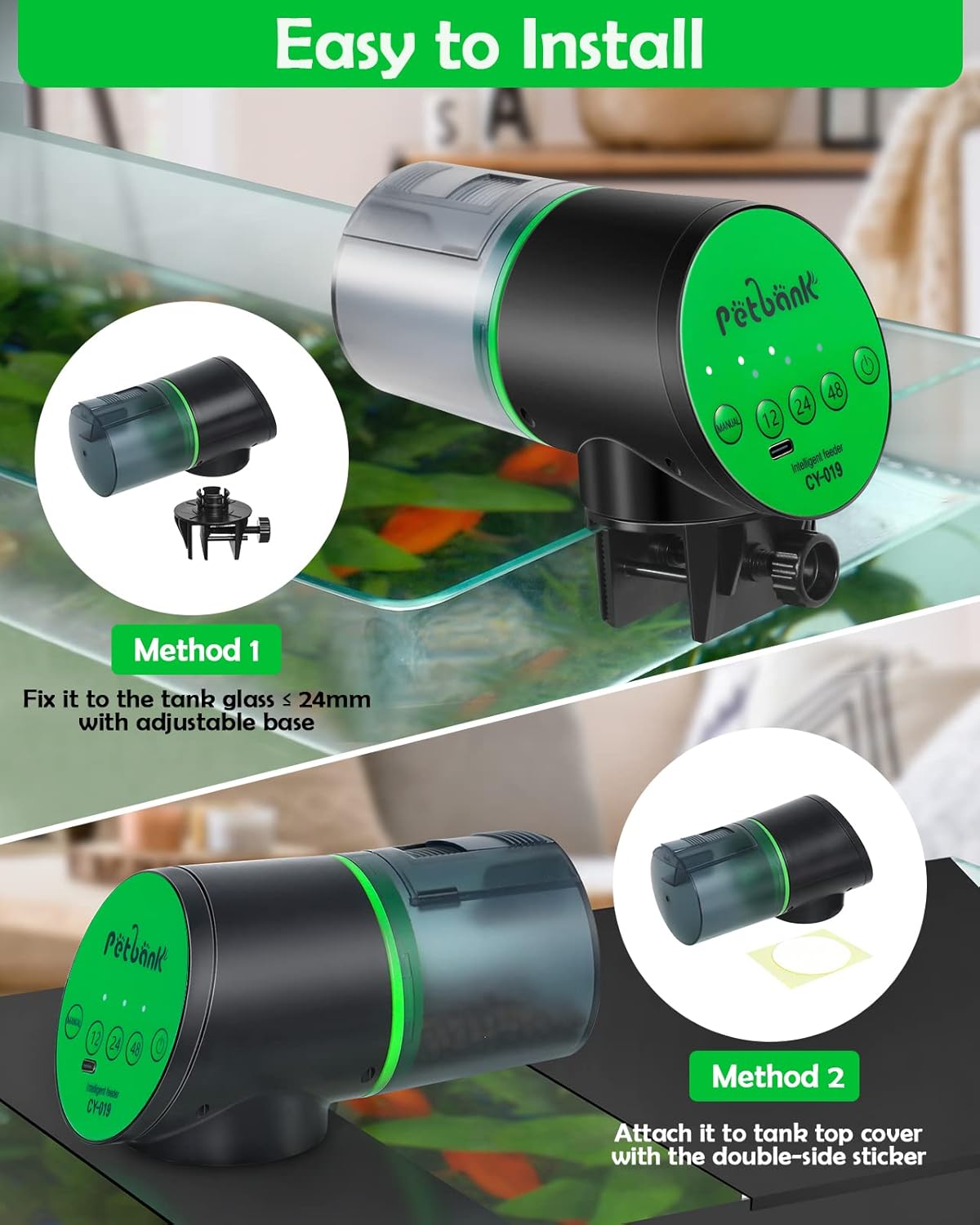 Automatic Fish Feeder for Aquarium - Auto Fish Food Dispenser Rechargeable for Small Large Tank with USB Charger Cable，12/24/48H Interval Esay Set Up (Green, CY-019)