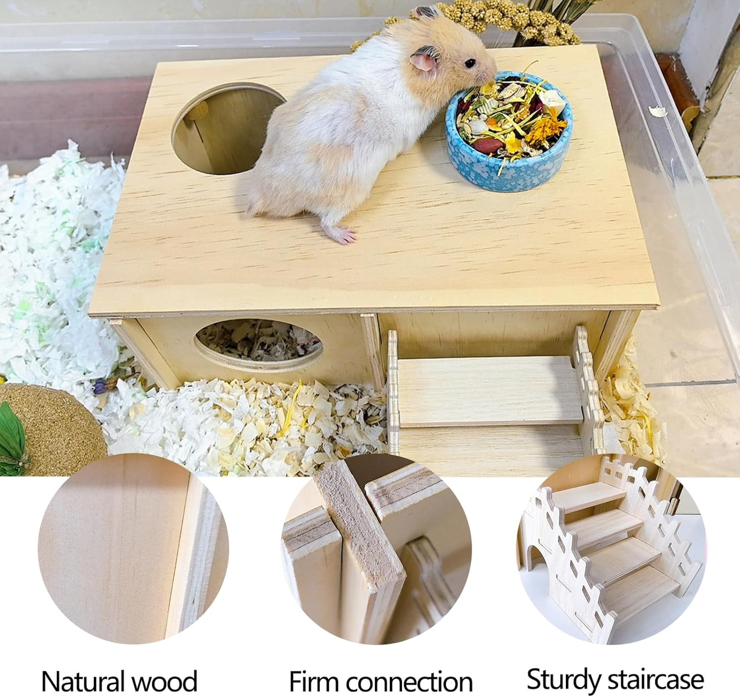 Wooden Hamster Hideout,Hamster House with Ceramic Bowl & Ladder,Small Pets Multi-Chamber Explore Hide Hut Habitats Decor Accessories for Rat,Gerbils, Dwarf Hamsters, Mice
