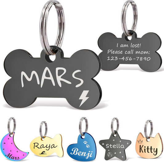 Anavia Small Size Dog Cat ID Tags, Small/XS Personalized Color Plated Stainless Steel Puppy Kitten Name Tags, Customized Engraved Nameplate Pet Collar Tag (Black, Bone)