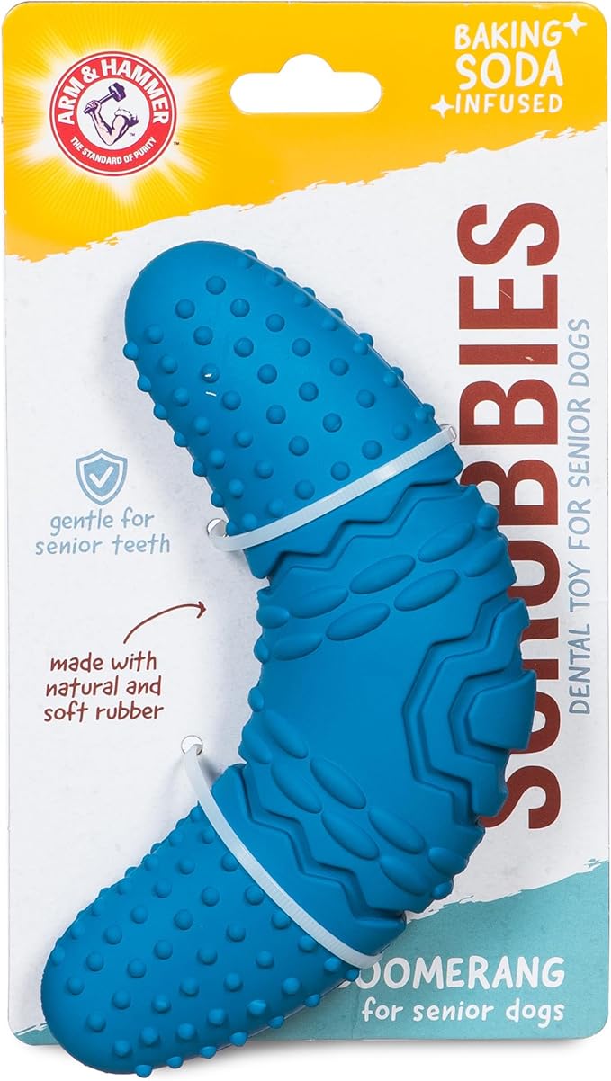 Arm & Hammer for Pets Scrubbies Boomerang Chew Toy for Senior Dogs Infused with Baking Soda - Durable Teething Toy with Unique Shape for Fetch & Chew - Interactive Dental Chew Toy for Puppies