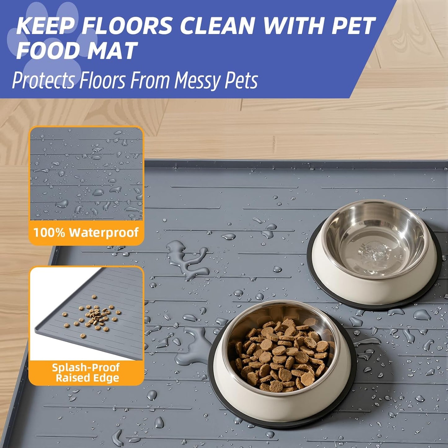 Large Dog Mats for Food and Water, 40"x30" Waterproof Pet Food Mats for Floor Nonslip Silicone Bowl Mats with Raised Edges